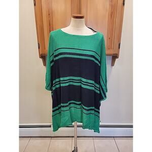 $199 Lauren Ralph Lauren Green Navy Linen Stripe Poncho Sweater Top~ O/S